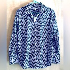 NWT CHICO’S Shirt No Iron Cotton Blue White Diamond Print Sz:16 (Chico’s Sz: 3)